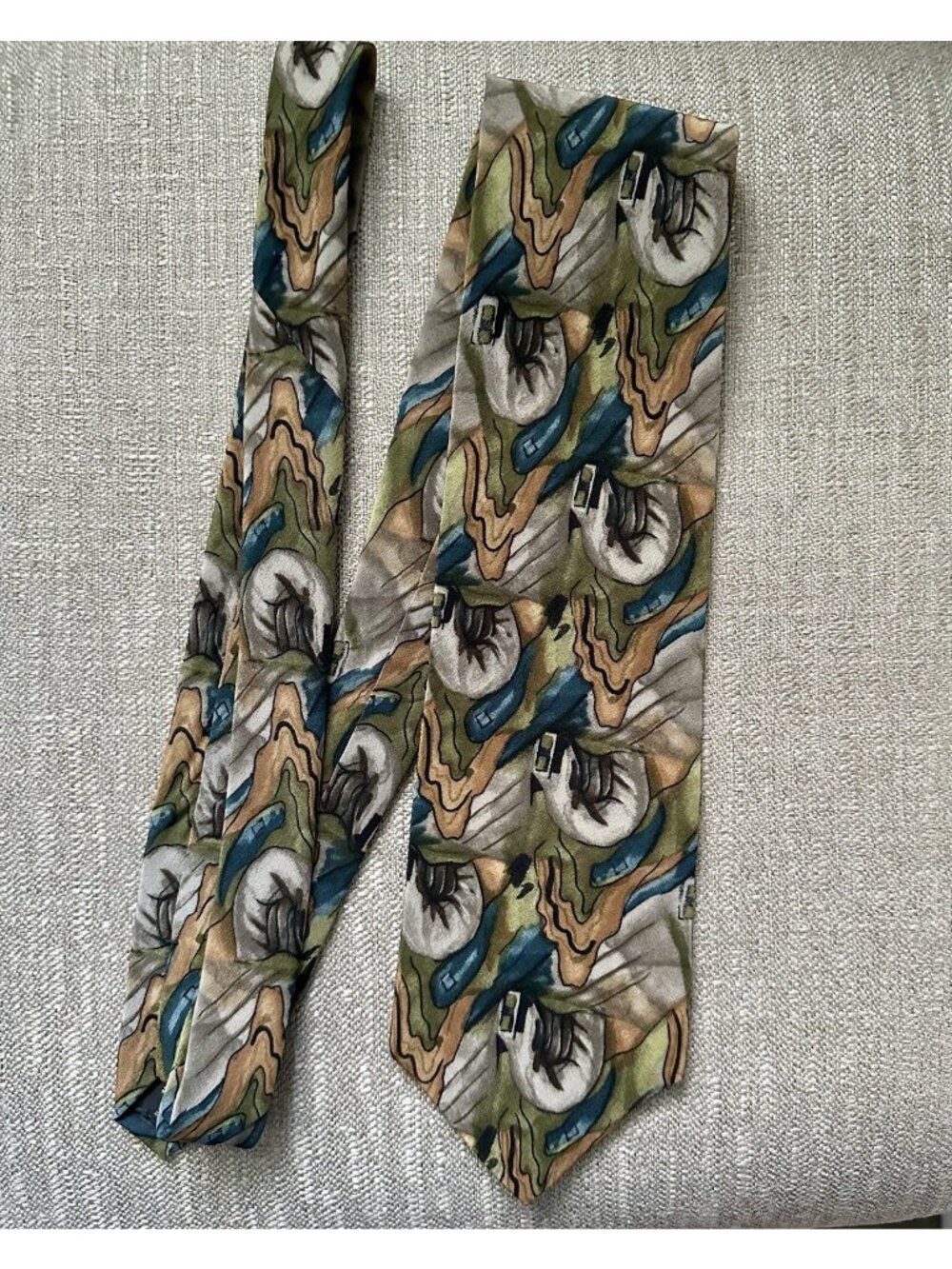 Vintage Jerry Garcia Silk Necktie Abstract Art Green Brown Geometric Cave 90's